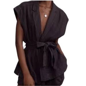 BY ANTHROPOLOGIE VEST WASHED LINEN BLD OPEN FRONT WAIST TIE BOHO CHIC CASUAL S